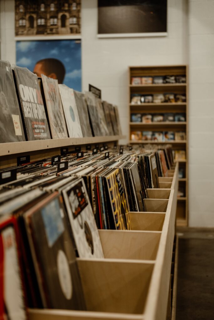 A row of vinyl records in a music store